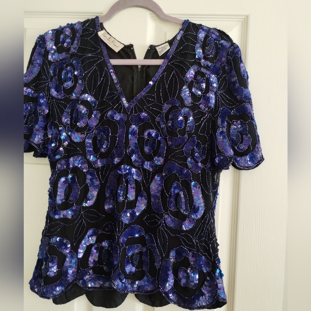 Laurence Kazar Floral Sequin Blouse in Black and Purple